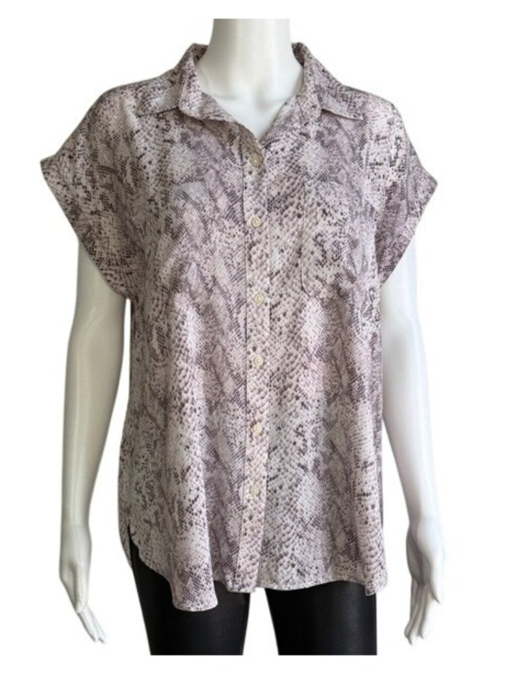 LOFT Snake Print Cap Sleeve Button Down Blouse - Size L